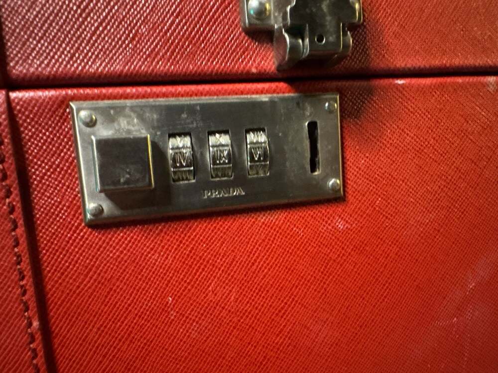 Vintage Prada Red Saffiano Leather Train Case Cosmetic Trunk
